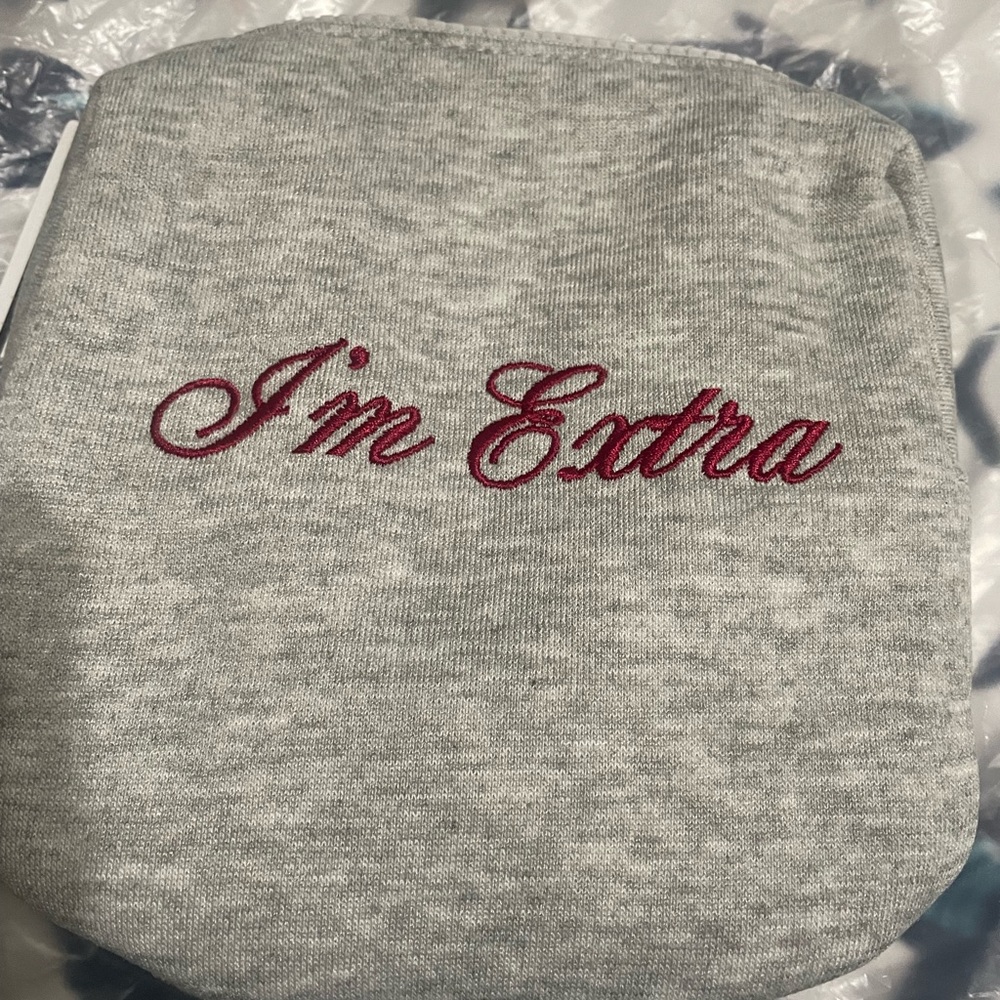 Gray Pouch with Embroidered Text